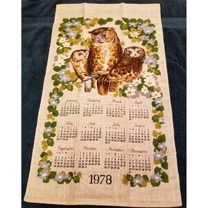 Vintage linen tea towel owl and owlets calendar 1978 nos